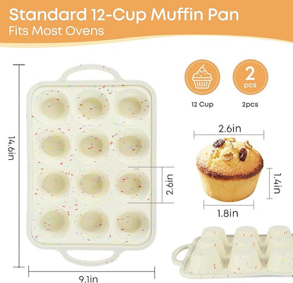 12-Cup Silicone Cupcake Pan, Nonstick Muffin Pan, Dishwasher Safe Muffin Tray with Handles, Food Grade Silicone Muffin Tin for Baking Egg Bites & Cupcakes