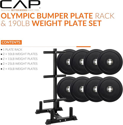 CAP Barbell 2-Inch Olympic Bumper Plate Weight Set with 6 Post Rack | 100-370 lbs | Multiple Options
