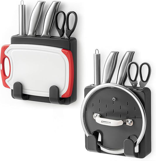 Wall Mounted Knife & Cutting Board Holder – Self-Adhesive Pot Lid and Utensil Organizer with 4 Slots for Knives, Scissors & Kitchen Tools | Space-Saving Under Cabinet Storage Rack