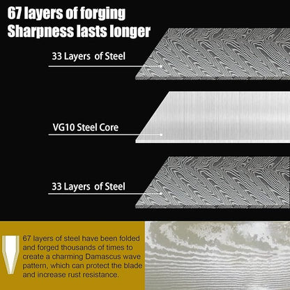 Damascus Chef Knife 8" - VG10 Super HC Steel, 67 Layers, Military G10 Handle, Ergonomic Design for Precision Cuts