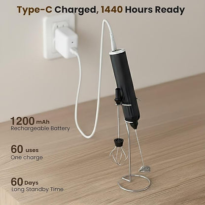 Milk Frother Handheld,3-Speed Rechargeable Coffee Foamer Drink Whisk with 3 Stainless Steel Heads Electric USB C Whisk for Coffee, Latte, Cappuccino, Hot Chocolate, Protein,Egg light Black