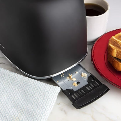 Rae Dunn Retro Rounded Bread Toaster, 2 Slice Stainless Steel Toaster with Removable Crumb Tray, Wide Slot with 6 Browning Levels, Bagel, Defrost and Cancel Options, Black