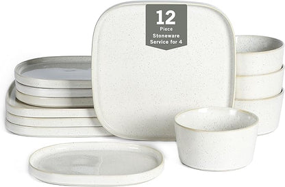 Stone Lain Cairo 12-Piece Dinnerware Set Stoneware, Plates and Bowls Set, Microwave and Dishwasher Safe, Includes Dinner and Salad Plates, Cereal Bowls, Dish for 4, White Speckled