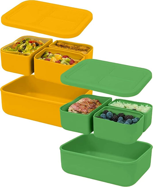 Platinum Silicone Bento Lunch Box Set of 2 – 3 Compartments, Leakproof, Versatile, Durable, Microwave & Freezer Safe, Meal Prep, Food Storage for All Ages (Watermelon Green & Gold Honey)