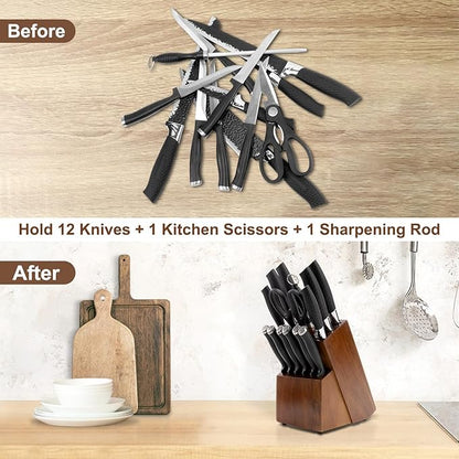 RedCall Universal Knife Block Holder,Large Wood Bamboo Knife Block without Knives,14 Slot Universal Knife Holder Countertop,Butcher Block Knife Storage Organizer for Kitchen (Brown)