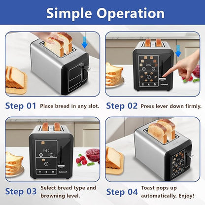 Touch screen Toaster 2 slice, Smart Digital Toasters, 6 Browning Levels & 6 Bread Types, Bagel Memory Function, Timer, Stainless Steel, 800W