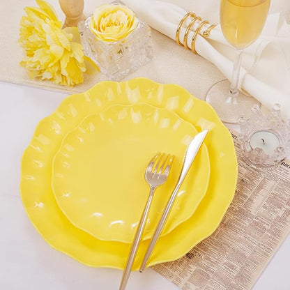 LIYH 24 Pcs Yellow Plastic Plates Reusable, Unbreakable Dinner Plates, Salad Plate, Microwave & Dishwasher Safe, Plate Sets Perfect for Parties,Birthday,Picnics (12guests)