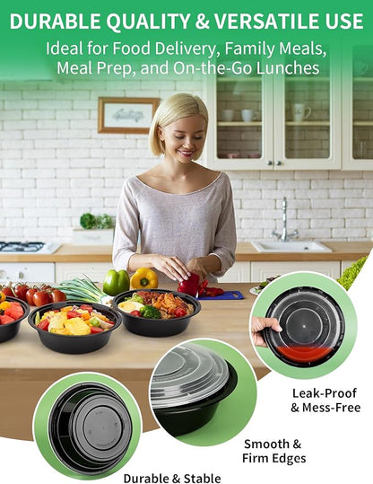 Meal Prep Containers with Lids - 50 Pack 32 oz Round Meal Bowls, Microwave, Freezer, Dishwasher Safe, BPA-Free To-Go Food Storage Containers