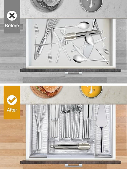 Silverware Organizer Metal Mesh, Drawer Organizer, Utensil Cutlery Tray Expandable Flatware Organizer with 7 Compartment Silver 9.4"~17.3" x 13.7"