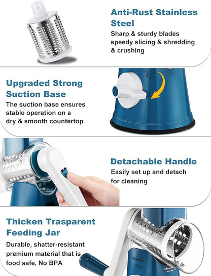 Geedel Rotary Cheese Grater Cheese Shredder - Upgraded 5-in-1 Cheese Grater with Handle and Strong Suction Base, Multi-purpose Vegetable Slicer Ice Shaver Nuts Grinder for Ice, Vegetables, Fruit, Nuts