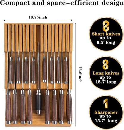 Bamboo Kitchen Drawer Knife Holder, In-drawer Knife Block, Knife Drawer Organizer fit for 16 knives and 1 steel sharpening