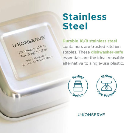 U Konserve Stainless Steel Food Storage Bento Box Container, Leak Proof Silicone Lid Dishwasher Safe - Plastic Free (30oz Blue)