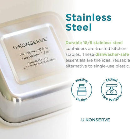 U Konserve Stainless Steel Food Storage Bento Box Container, Leak Proof Silicone Lid Dishwasher Safe - Plastic Free (50oz Clear)