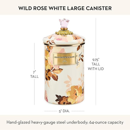 MACKENZIE-CHILDS Enamel Canister, Kitchen Storage Container with Lid, Large, Wild Rose White