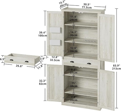 IRONCK Kitchen Pantry Storage Cabinet 83.9" H, with Barn Doors, Drawer, 4 Adjustable Shelves, Freestanding Cupboard for Dining Room Living Room, Laundry, Rustic Maple