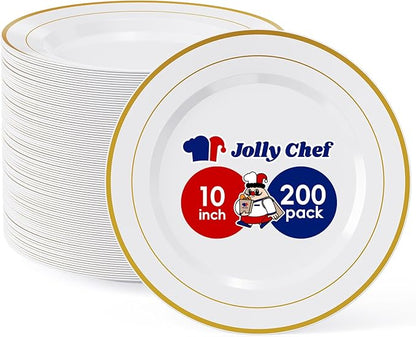 JOLLY CHEF 200 Pieces Gold Plastic Plates, 10 Inch Elegan Disposable Plates White Plate with Gold Rim,Plastic Plates for Thanksgiving、Birthdays and Weddings