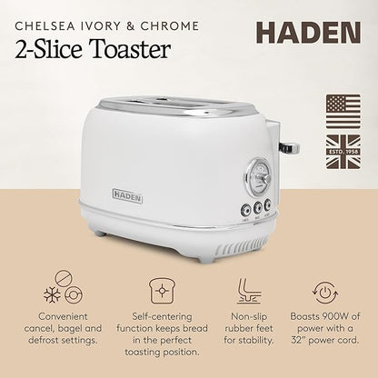 Haden Chelsea 2 Slice Wide Slot Toaster with Adjustable Browning Control, Ivory & Chrome