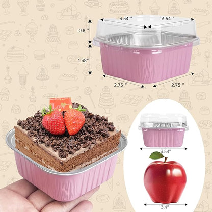 50 Pcs Mini Square Baking Cups with Lids,5oz Aluminum Foil Mini Cake Pans with Lids,Disposable Ramekins Cake Pans,150ml Dessert Cups Cupcake Pans for Wedding Birthday Party,Pink