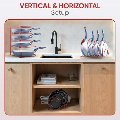 Heavy-Duty Pots and Pans Organizer | 5-Tier Cookware & Lid Storage Rack | Free-Standing or Wall-Mount | Kitchen Organizer for Cast Iron Skillets, Pots, Frying Pans, Lids | Red