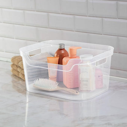 Sterilite 7 x 11 x 14.25 Inch Polished Open Scoop Front Storage Bin with Comfortable Carry Through Handles for Household Organization, Clear (24 Pack)