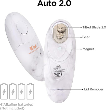 Kitchen Mama Auto 2.0 Electric Can Opener: Blade Opens Almost Any Can Pop or Soda Can - Automatic, Hands Free, Safe, Smooth Edge, Lid Remover, Battery Operated, Cordless, YES YOU CAN (Marble White)