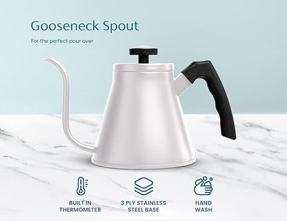 Kook Gooseneck Kettle, Kettle Stovetop, with Thermometer, Tea Pot, for Pour Over Coffee & Tea, Temperature Gauge, Electric, Compatible for Gas Stovetop, 3 Ply Stainless Steel Base, 27 oz, (White)