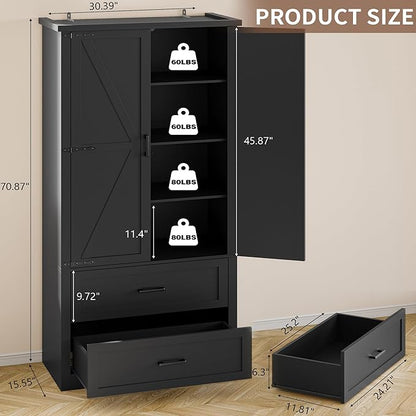 Pantry Organizers and Storage Cabinet, 71” Barn Door White Kitchen Cabinet with Drawers and Adjustable Shelf, Tall Pantry for Kitchen, Dining Room, Living Room. Bathroom and Office