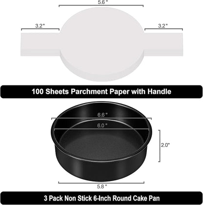 6 Inch Cake Pans Set of 3, Smash Cake Pans with 100PCS Parchment Paper for Layer Cakes, No-Stick Round Cake Pan Sets for Baking, Durable Baking Pan Set for Christmas Birthday, Dishwasher Safe