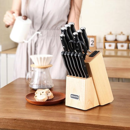 Black Knife Set, 15-Piece Knife Block Set with Built-in Sharpener Scissors for Kitchen, Dishwasher Safe Knives set Ideal Present for Family & Restaurant