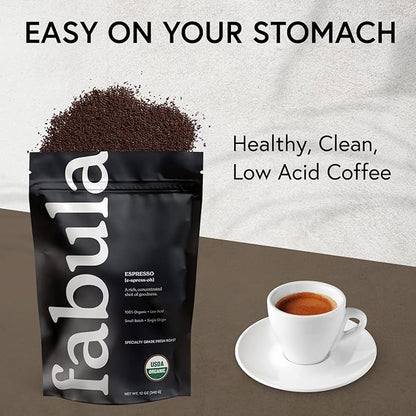 Fabula USDA Organic Espresso Coffee, Freshly Ground Espresso Low Acid Coffee, Non-GMO, No Molds, Mycotoxins Pesticides Free, Single Origin Coffee 12 oz