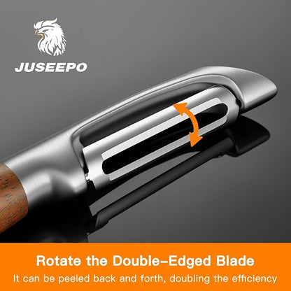 JUSEEPO Premium Vegetable Peeler, I Type Swivel 304 Stainless Steel Blade Comfortable Solid Wood Handle, Practical Gift for Restaurant Baking Chef Woman for Veggie, Fruit, Potato(Merbau)