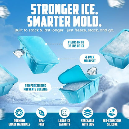 Extra Large Ice Block Mold 4-Pack (32LB),Reusable Silicone Ice Bath Accessories, Large Ice Mold for Freezer, Cold Plunge Ice Blocks,Ice Block Mold for Ice Bath, Ice Bath Ice Mold for Chiller & Therapy