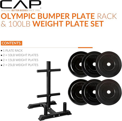 CAP Barbell 2-Inch Olympic Bumper Plate Weight Set with 6 Post Rack | 100-370 lbs | Multiple Options