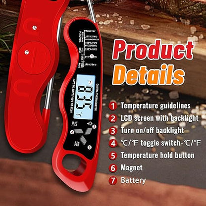 Meat Thermometer, IP67 Waterproof Digital Meat Thermometer with Backlight, Hold Function & Magnet for Grill, BBQ, Candy, Beef,Turkey，Gadgets Essentials BBQ Accessories,Mens Stocking Stuffers