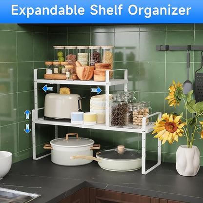 Expandable Cabinet Shelf Organizer, Stackable Kitchen Pantry Counter Storage, Adjustable Closet Cupboard Stand Rack Risers Spice Organization, 80LBS Heavy Duty, White 3 Pack