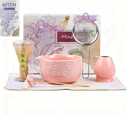 Matcha Set–7-Piece Set Including Matcha Bowl with Spout, Whisk, Chasen Holder, Sifter, Bamboo Scoop with Stand, wood spoon(Cherry Blossom Pink)–Perfect for Matcha Lovers&Tea Ceremonies