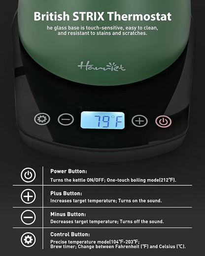 Harriet Gooseneck Electric Kettle - 1200W Fast Heat, 0.8L Stainless Steel, Precision Temp Control & Timer, Wood Handle, Pour Over Coffee and Tea, Green
