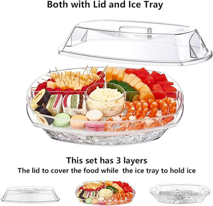 INNOVATIVE LIFE Appetizer Serving Tray on Ice, 15 Inch Party Platter with 4 Ice Cube Tray, Kitchen Chilled Food Bowl with Compartment and Lids for Shrimp, Fruits, Vegetables, Salads, Sushi, Clear