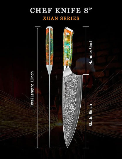 Chef Knife - 8 inch - Xuan Series - VG10 Damascus Steel Kitchen Knife - Resin Handle (Fantasy Orange)
