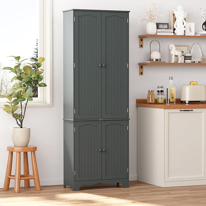 Yusong 72'' Tall Kitchen Pantry Cabinet, Freestanding Storage Cabinet with Doors and Shelves, Wooden Food Pantry Farmhouse Cupboard Buffet for Kitchen Dining Living Room, Gray