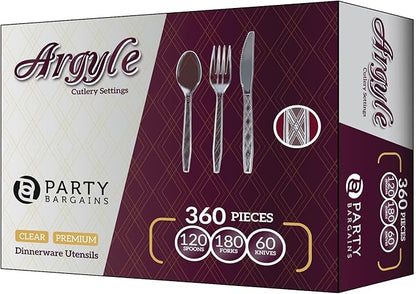 Party Bargains Clear Plastic Cutlery 360 pcs: 180 Forks, 120 Spoons, 60 Knives. Argyle Design, Heavy Duty & Solid Disposable Silverware Utensils Combo Pack Set for Weddings, Buffets, Luncheons