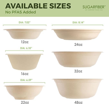[600 Count] Harvest Pack PFAS Free 12oz Round Compostable Paper Bowls Bulk, Disposable Heavy-Duty Eco-Friendly Bagasse Bowls, Sugarcane Natural Plant fibers for Meal Prep Takeout Dinnerware