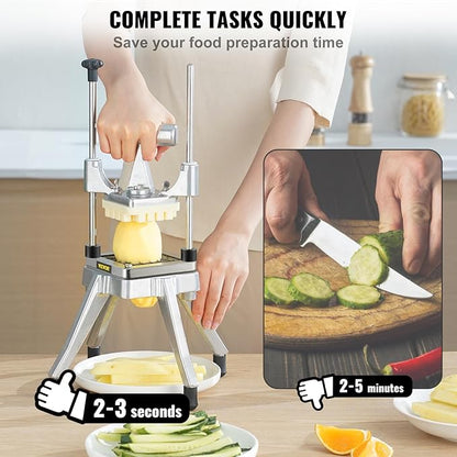 VEVOR Commercial Vegetable Fruit Chopper, Stainless Steel French Fry Cutter w/ 4 Blades 1/4" 3/8" 1/2", Vegetable Chopper Dicer w/Stainless Bowl, Heavy Duty Cutter for Potato Tomato Onion Mushroom