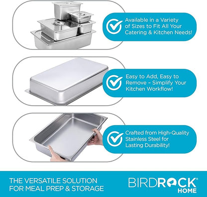 BIRDROCK HOME Stainless Steel Steam Table Pan - Hotel, Restaurant & Catering Supplies - 24 Gauge Steel, 14 qt Capacity - Meal Prep, Cooking, & Food Storage Container - 4" Depth, Full-Size (6 Pack)