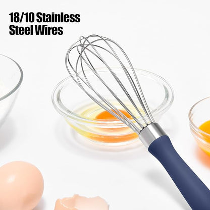 18/8 Stainless Steel Balloon Whisk, Doosu Kitchen Whisk for Cooking Handheld Egg Beater with Rust-Proof Sturdy Wires & Non-Slip Silicone Handle for Beating, Stirring, Blending (6 Wires, Navy Blue)