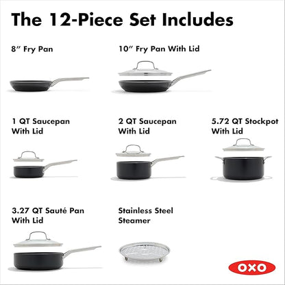 OXO Agility Series 12 Piece Cookware Pots and Pans Set, Ceramic Nonstick PFAS-Free, Induction, Skillets,Saucepans,Lids,Even Heating,Stainless Steel Handles,Chip-Free Rims,Dishwasher & Oven Safe,Black