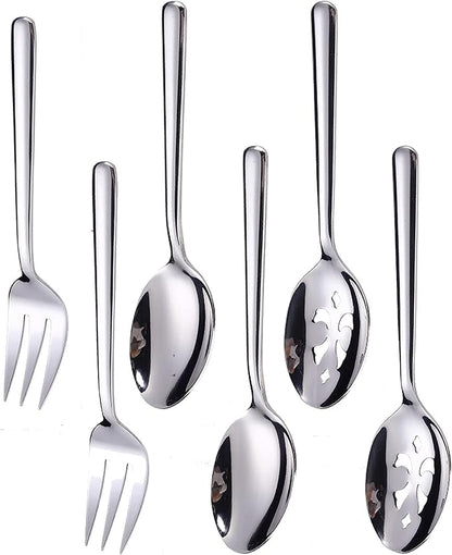 Serving Spoons*2 Slot Spoons* 2 Forks *2 Buffet Colander Stainless Steel Banquet Set, Set of 6. Lenght 9" (6-spoon forks set)