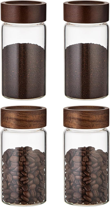 Small Glass Jars with Airtight Lid Clear Coffee Ground Storage Canister Wooden Lid Round Glass Spice Jar for Pantry Sugar Tea Bean Nuts Cookies Bath Salts (4×250ml(8.4oz))
