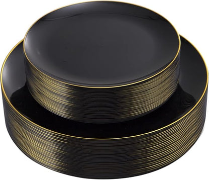 KIRE 60PCS Black Plastic Plates - Black Disposable Plates with Gold Rim for Halloween Party/Graduation - Include 30Pcs 10.25inch for Dinner and 30Pcs 7.5inch for Dessert
