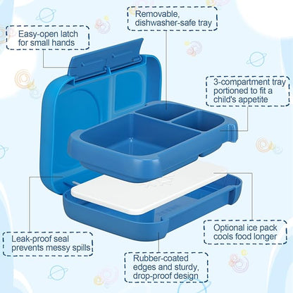 Kids Chill Leak-Proof Lunch Box-Included Reusable Ice Pack Keeps Food Cold;3-Compartment Bento Lunch Container,Microwave & Dishwasher Safe,Bento Lunch Box for School,Trvael (Blue)